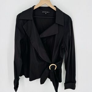 Lafayette 148 Brown Wrap Shirt Top Stretch Cotton Sleeve Notch Collar Blouse 16